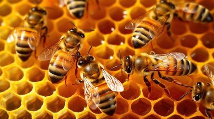 Closeup of honey bees on wax honeycomb
