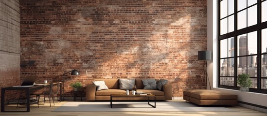 A fully equipped living room filled with various pieces of furniture like sofas, coffee tables, and shelves. The room features an exposed brick wall that adds a touch of industrial charm to the space.