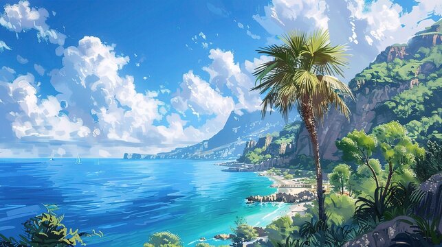 Beautiful sea view with palm tree on sunny day