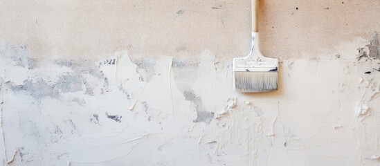A dirty wall with peeling paint and a brush hanging off of a nail. The brush appears to have been recently used for painting or touch-ups, adding to the neglect of the wall.