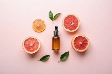 A flat lay composition featuring grapefruit essential oil and related items, such as a dropper bottle, citrus fruits, and green leaves, arranged elegantly on a white background. 
