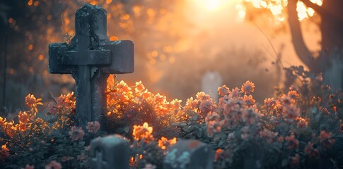 cemetery, cross in the cemetery, flowers, roses, funeral, mysterious and calm atmosphere of peace - obrazy, fototapety, plakaty