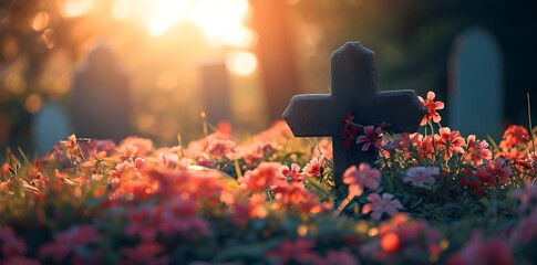 cemetery, cross in the cemetery, flowers, roses, funeral, mysterious and calm atmosphere of peace - obrazy, fototapety, plakaty