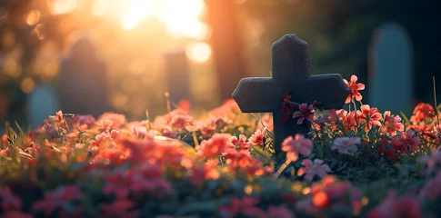 Foto op Plexiglas cemetery, cross in the cemetery, flowers, roses, funeral, mysterious and calm atmosphere of peace © Siarhei