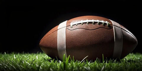 A close-up image of a football on a black background, set against a grassy field.