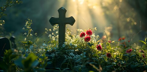 cemetery, cross in the cemetery, flowers, roses, funeral, mysterious and calm atmosphere of peace - obrazy, fototapety, plakaty