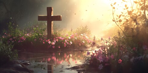 cemetery, cross in the cemetery, flowers, roses, funeral, mysterious and calm atmosphere of peace