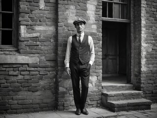 A dignified young man sporting a newsboy cap and vintage attire in an old brick urban setting
