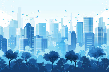 City landscape with buildings in blue. 