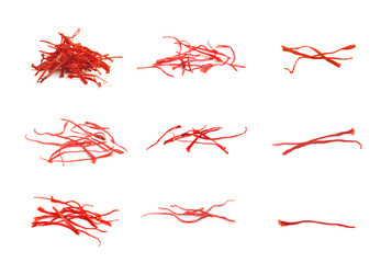 Stigmas of aromatic saffron isolated on white, set