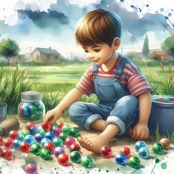 Cute boy play marbels in the field