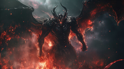 A colossal, powerful fire demon enveloped by billowing smoke and flames