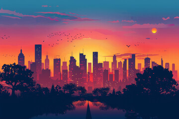 Fototapeta premium Silhouette of colorful city. Panorama of city with road on landscape background. 