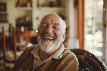 Laughter of an adult, bald man with smile laughing happily at home