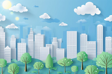 Illustration of city paper in the daytime on a blue sky background with trees and clouds. 