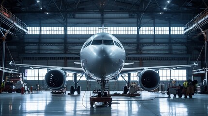 Passenger aircraft on maintenance of engine and fuselage repair in airport hangar - obrazy, fototapety, plakaty