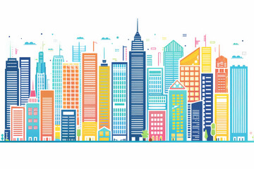 Modern city buildings. Cityscape background and thin line buildings in flat design. 