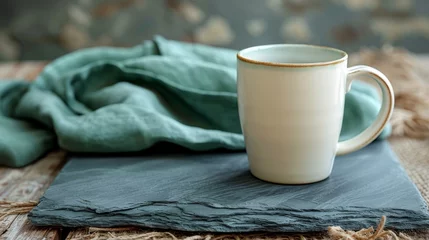 Schilderijen op glas A coffee mug on a piece of slate with a green linen cloth napkin.  © Elle Arden 