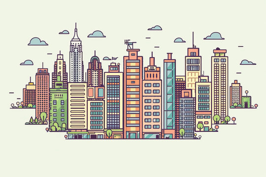 Modern city buildings. Cityscape background and thin line buildings in flat design. 