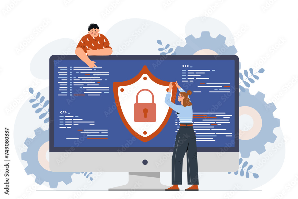 Poster antivirus software concept. man and woman near computer screen with code. programmers and it special