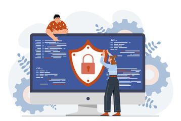Antivirus software concept. Man and woman near computer screen with code. Programmers and IT specialists develop application and program. Safety and security. Cartoon flat vector illustration