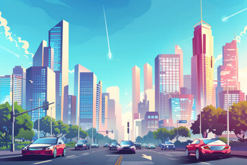 Flat vector cartoon style illustration with high skyscrapers urban buildings and cars around. 