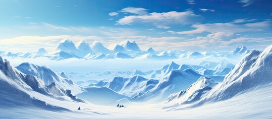 Obraz premium A painting depicting a snowy landscape under a clear sky with towering mountains in the background. The scene captures the tranquility of a sunny winter day.