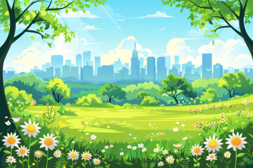 Meadow landscape with city on background vector illustration.