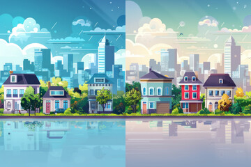 Urban landscape downtown and suburb real estate vector background.