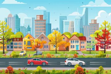 Urban landscape with building in flat style. Modern city running cars on road.