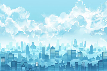 Blue sky cityscape. White clouds over city houses panorama drawing town skyline background with towers and buildings.