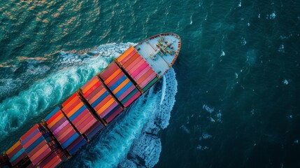 Aerial top view container cargo ship in import export business commercial trade logistic and transportation of international by container cargo ship in the open sea, Container cargo freight shipping.