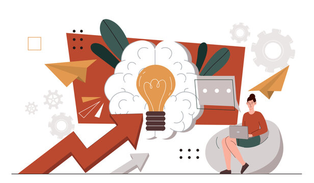 Brain lightbulb concept. Woman with laptop thinking about business proect or start up. Creative process and education. Cartoon flat vector illustration isolated on white background