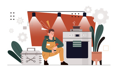 Man with broken oven concept. Repairman fix problems with kitchen equipment. Young guy in uniform with toolbox repair. Cartoon flat vector illustration isolated on white background