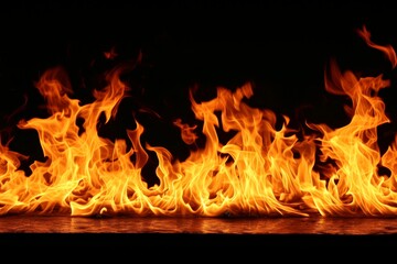 Fototapeta na wymiar Close-up, Burning fire isolated on dark backdrop, seamless background