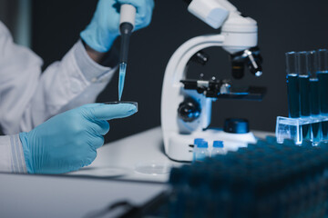 Fototapeta premium A researcher is carefully studying the liquid contained in a test tube because it is an important area of research, A scientist is using a tool to conduct a scientific experiment on liquids.