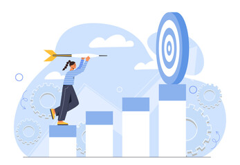 Business mission concept. Woman with dart look at target. Motivation, success and leadership. Young girl with planning and vision of future. Talented businesswoman. Cartoon flat vector illustration