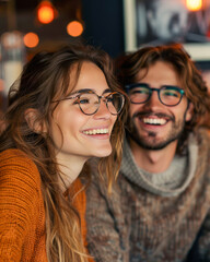 A cheerful young couple with eyeglasses sharing a candid laugh in a cozy Cafe ambience, illuminated by soft, warm light.