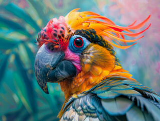 Close-up of a striking macaw parrot showcasing its vibrant feathers and intense blue eyes in a tropical environment.