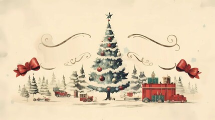 Christmas card with a Christmas tree, gifts and a red vintage train, Generative AI illustrations.