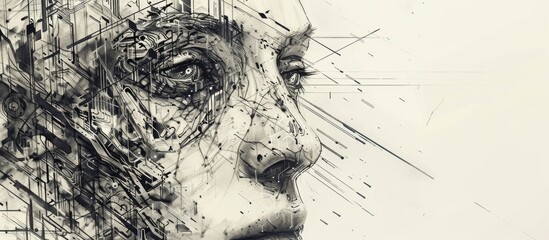A detailed drawing of a womans face with numerous lines radiating outwards from various points on her features.