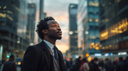 African American male executive in the middle of a busy street at dusk against the backdrop of modern office buildings, looking towards the sky, imagining future business success