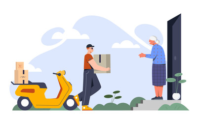 Courier service concept. Man with parcel near yellow scooter go to grandmother. Client and deliverer. Online shopping and fast home delivery. Poster or banner. Cartoon flat vector illustration