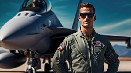 Fototapeta premium Portrait of a pilot next to a fighter plane