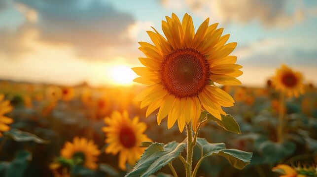 Close-up of sunflower over sunset sky