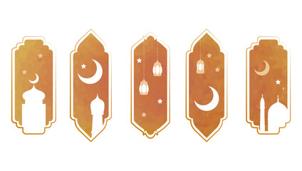 Ramadan Kareem, Eid Mubarak greeting icon. Illustration set of middle eastern landscapes of night sky studded with stars and  elegant crescent moon in watercolor style. 