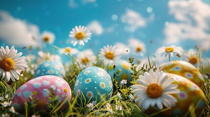 Obraz na płótnie Canvas Colorful Easter eggs decorated with flowers in the grass on blue sky background