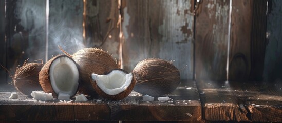 Two fresh coconuts are placed on top of a weathered wooden table, showcasing a simple yet natural arrangement.