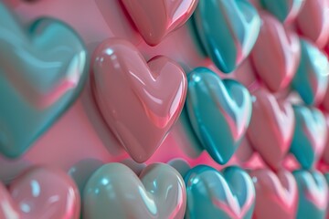 A wall of hearts in shades of pink and blue comes to life in a 3D representation in a charming and romantic scene. Hearts with soft, rounded shapes in 3D.