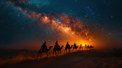 A tribal camel caravan leading camels over a sand dune at night under milky way vista, . Camel caravan silhouette under a starry night sky.